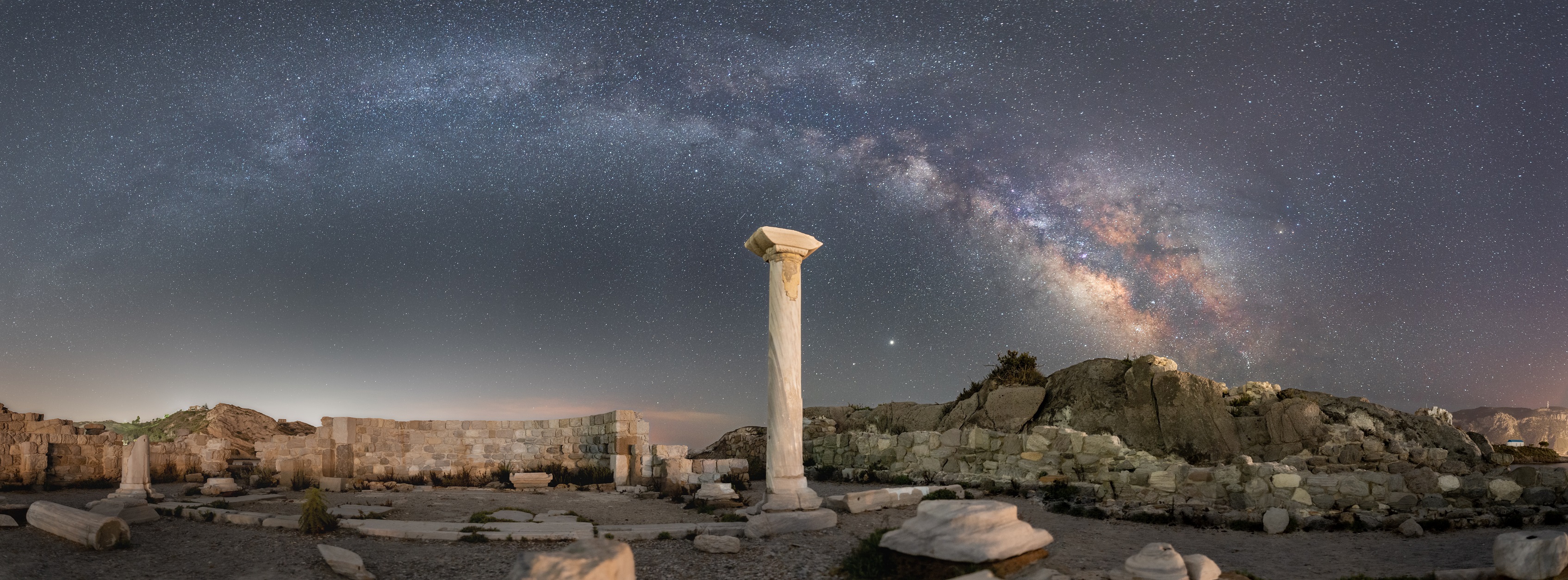 Milky Way panorama over Agios Stefanos Basilica in Kefalos Kos Greece