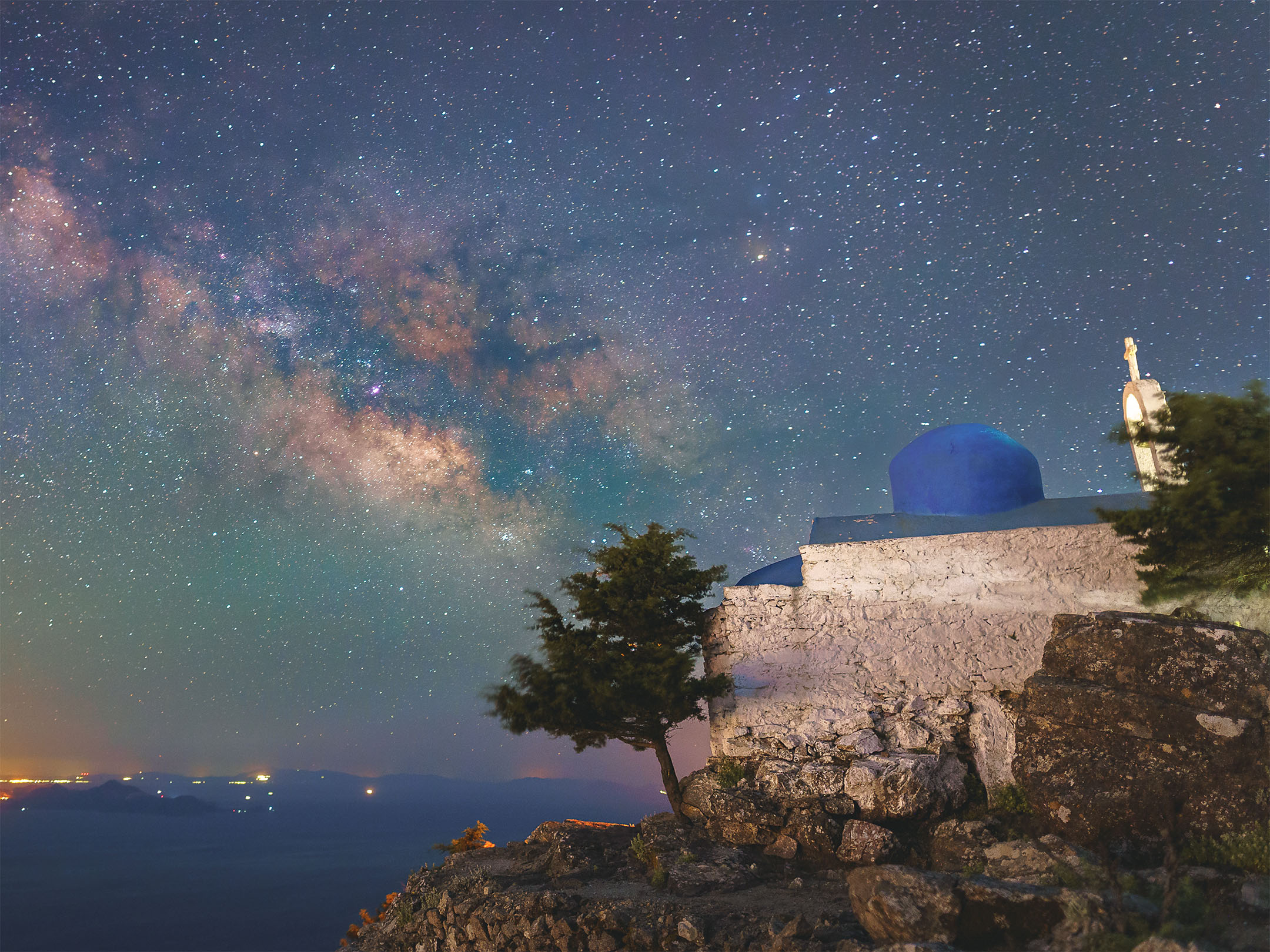 Milky Way core rising above Kos with Turkey coastline visible